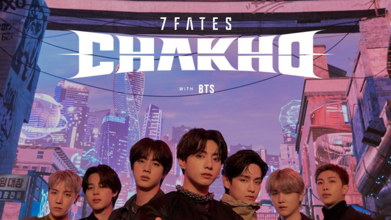 Promo image for 7Fates: Chakho, the BTS webtoon featuring the seven members looking at the camera