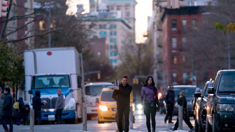 Jeremy Renner as Clint Barton/Hawkeye and Hailee Steinfeld as Kate Bishop in Marvel Studios' HAWKEYE