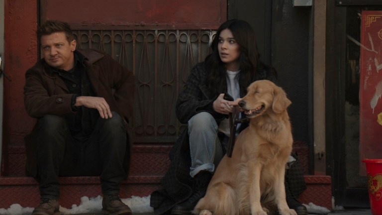 Jeremy Renner as Clint Barton/Hawkeye and Hailee Steinfeld as Kate Bishop, plus Pizza Dog in Marvel Studios' HAWKEYE episode 3