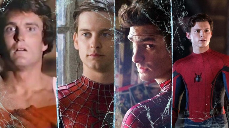 Nicholas Hammond, Tobey Maguire, Andrew Garfield, and Tom Holland as Spider-Man