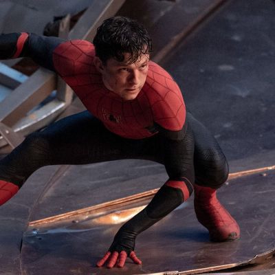 Tom Holland crouches as Spider-Man in No Way Home