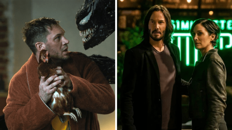 Tom Hardy holds a chicken in Venom 2, and Keanu Reeves and Carrie-Anne Moss stand together in Matrix: Resurrections