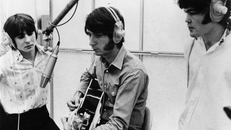 hoto of MONKEES and Davy JONES and Mike NESMITH and Mickey DOLENZ; L-R Davy Jones, Mike Nesmith and Mickey Dolenz in a reording studio