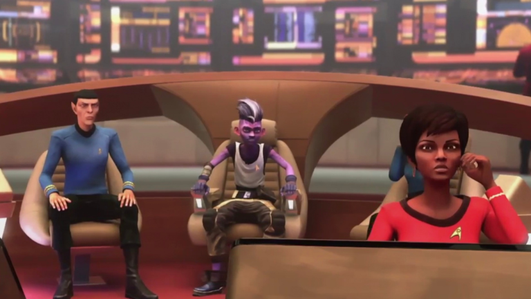 Dal sits between Spock and Uhura on the holodeck in Star Trek: Prodigy