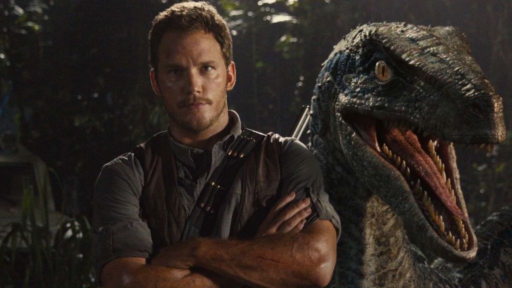 Chris Pratt and Blue the Raptor in Jurassic World