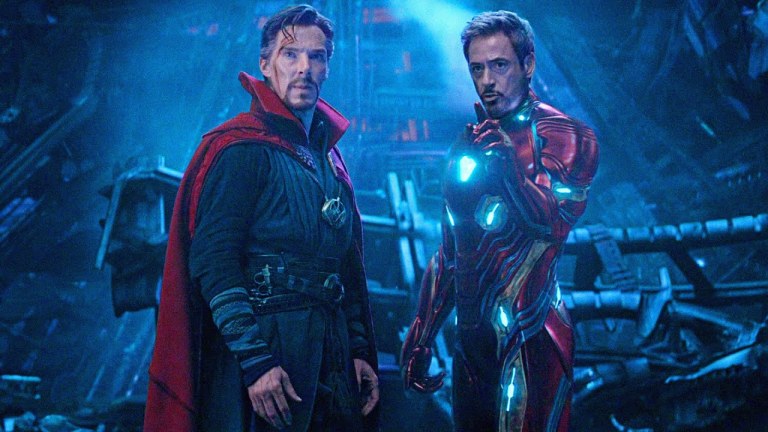 Benedict Cumberbatch as Doctor Strange and Robert Downey Jr as Iron Man in Avengers: Infinity War