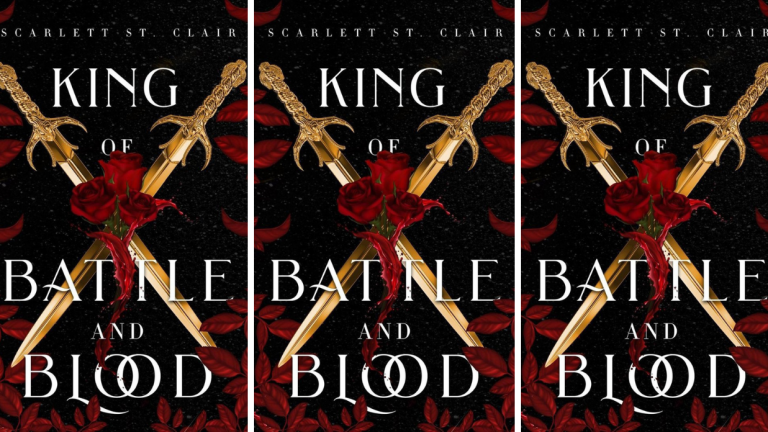 Three identical images of the book cover for King of Battle and Blood by Scarlett St. Clair