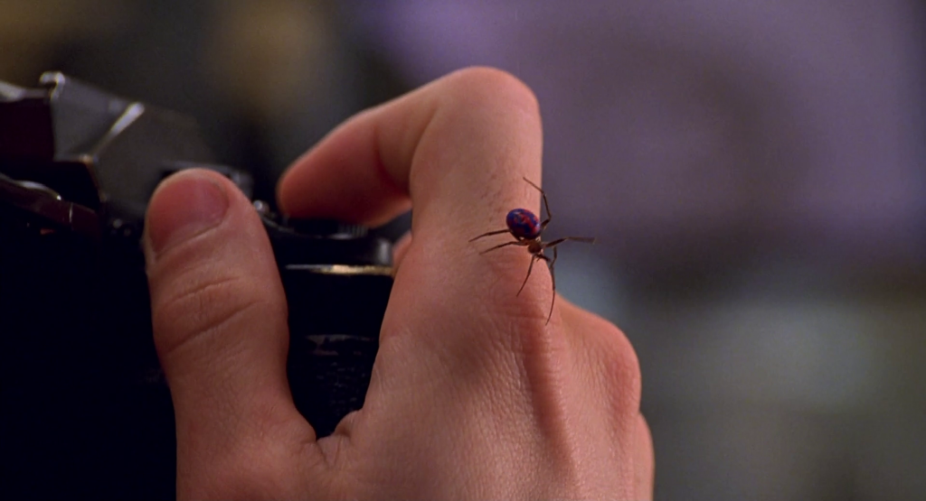 The spider bites Peter Parker in Spider-Man (2002)