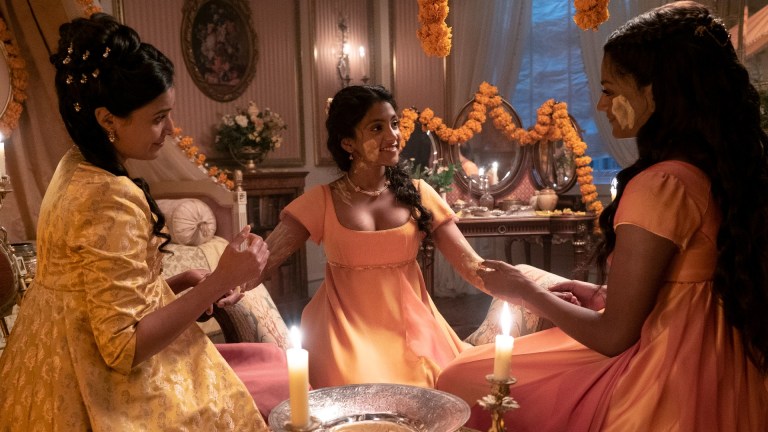 Bridgerton. (L to R) Shelley Conn as Mary Sharma, Charithra Chandran as Edwina Sharma, Simone Ashley as Kate Sharma in episode 206 of Bridgerton