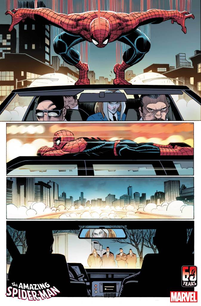 Spidey hitches a ride in The Amazing Spider-Man #1 preview page by John Romita Jr. 