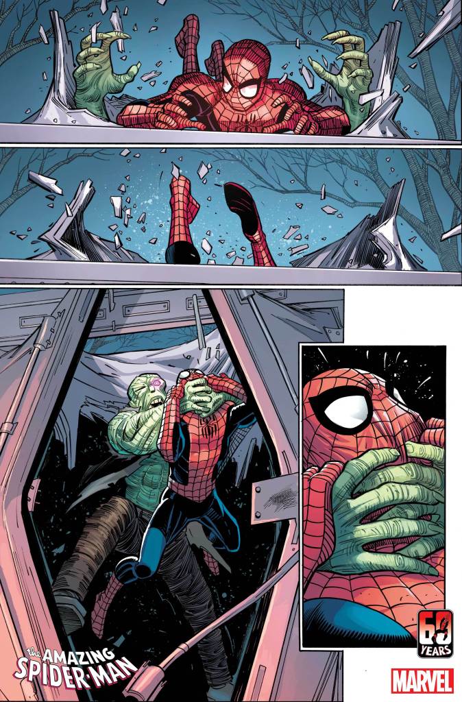 A villain chokes out Spidey in The Amazing Spider-Man #1 preview page by John Romita Jr. 