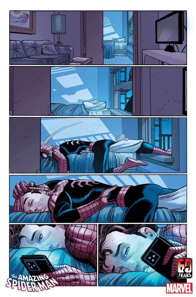 Peter Parker collapses in The Amazing Spider-Man #1 preview page by John Romita Jr. 
