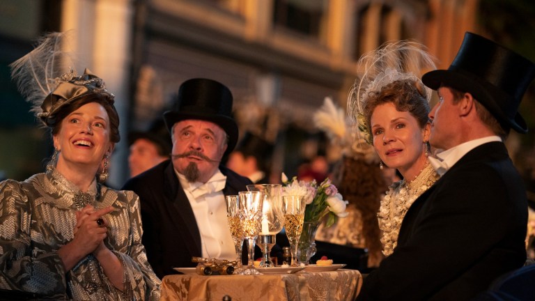 Carrie Coon, Nathan Lane, and Kelli O'Hara in The Gilded Age episode 7
