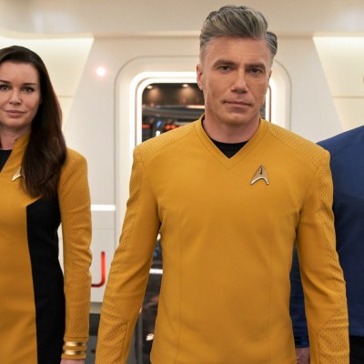 Number One (Rebecca Romijn), Christopher Pike (Anson Mount), and Spock (Ethan Peck) in Star Trek: Strange New Worlds