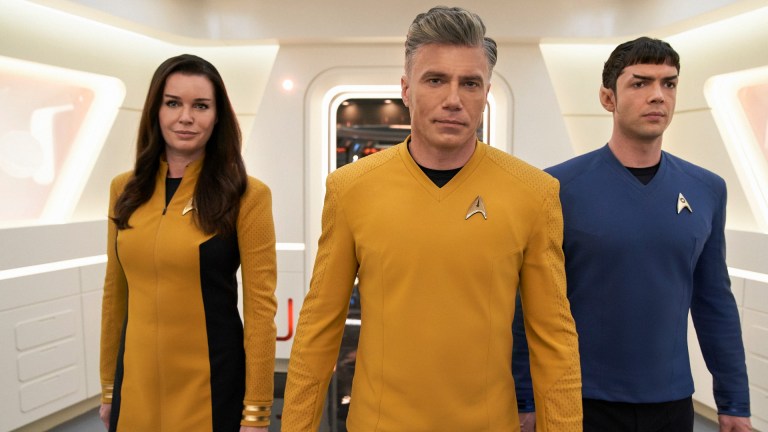 Number One (Rebecca Romijn), Christopher Pike (Anson Mount), and Spock (Ethan Peck) in Star Trek: Strange New Worlds