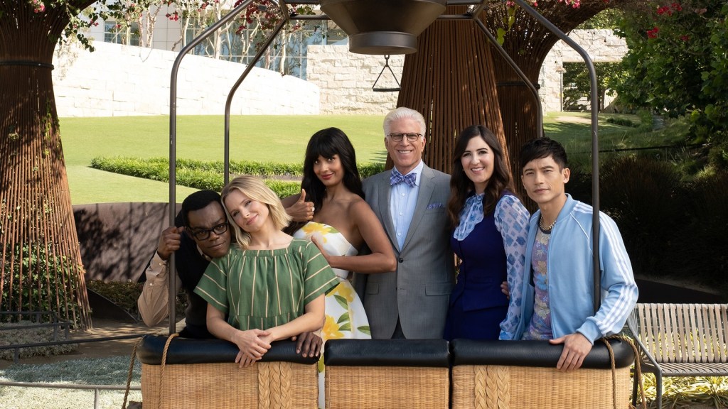 Best American TV Comedies - THE GOOD PLACE -- "Patty" Episode 412 -- Pictured: (l-r) William Jackson Harper as Chidi, Kristin Bell as Eleanor, Jameela Jamil as Tahani, Ted Danson as Michael, D'Arcy Carden as Janet, Manny Jacinto as Jason -- (Photo by: Colleen Hayes/NBC)