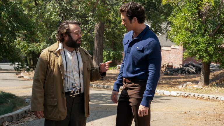 Dan Fogler as Francis Ford Coppola and Miles Teller as Albert S. Ruddy of the Paramount+ original series THE OFFER.