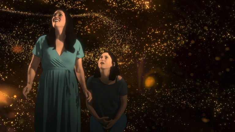 Becca (Angelique Cabral) and Alma (Rosa Salazar) marvel at the stars in Undone season 2