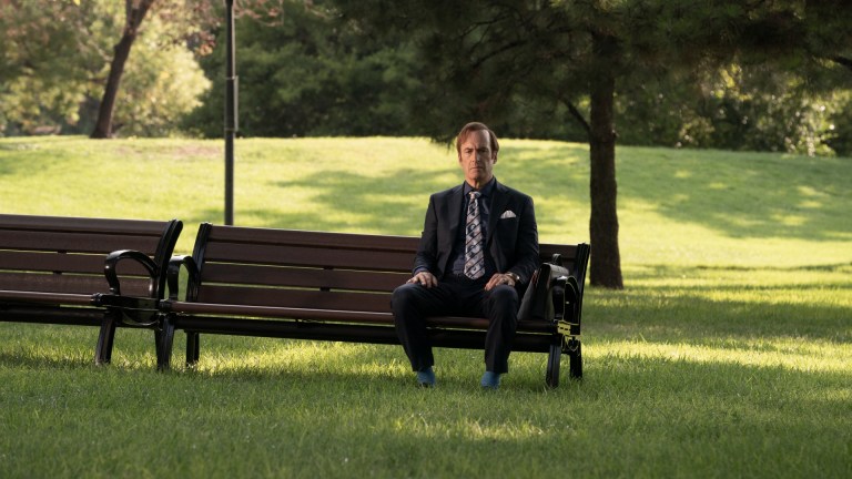 Jimmy McGill (Bob Odenkirk) sits alone on a bench in Better Call Saul season 6 episode 7