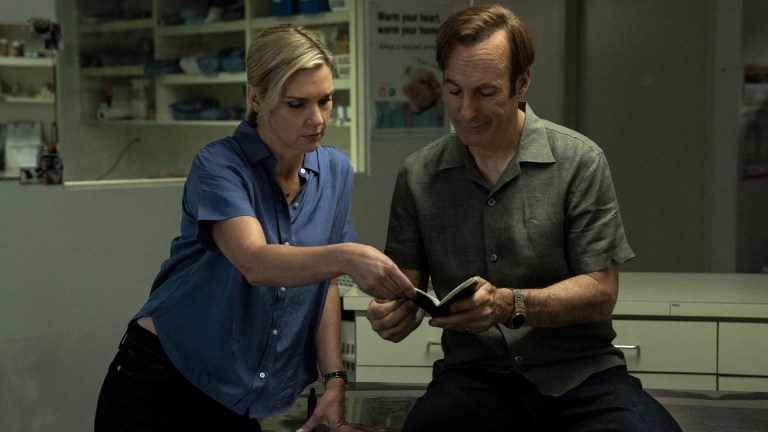 Jimmy McGill (Bob Odenkirk) and Kim Wexler (Rhea Seehorn) at the vet's office in Better Call Saul season 6