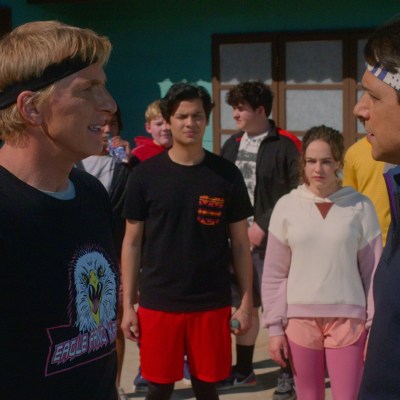 Johnny Lawrence (William Zabka) and Daniel LaRusso (Ralph Macchio) square off in Cobra Kai season 4 episode 1