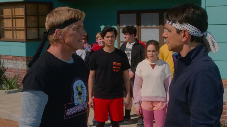 Johnny Lawrence (William Zabka) and Daniel LaRusso (Ralph Macchio) square off in Cobra Kai season 4 episode 1