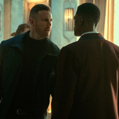 Luther Hargreeves (Tom Hopper) faces off with Marcus Hargreeves (Justin Cornwell) on The Umbrella Academy season 3