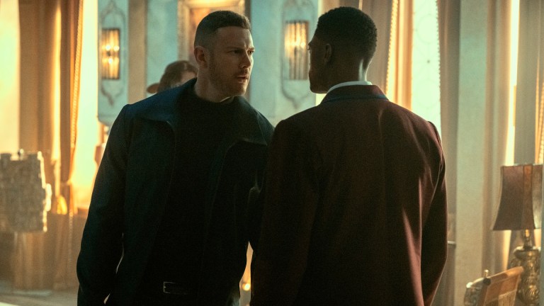 Luther Hargreeves (Tom Hopper) faces off with Marcus Hargreeves (Justin Cornwell) on The Umbrella Academy season 3