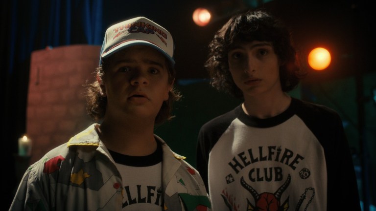 Dustin Henderson (Gaten Matarazzo) and Mike Wheeler (Finn Wolfhard) at The Hellfire Club in Stranger Things season 4