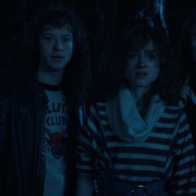 Steve (Joe Keery), Eddie (Joseph Quinn), Nancy (Natalia Dyer), and Robin (Maya Hawke) in the Upside Down in Stranger Things season 4