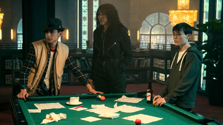 Five (Aidan Gallagher), Allison (Emmy Raver-Lampman), and Viktor (Elliot Page) in The Umbrella Academy season 3