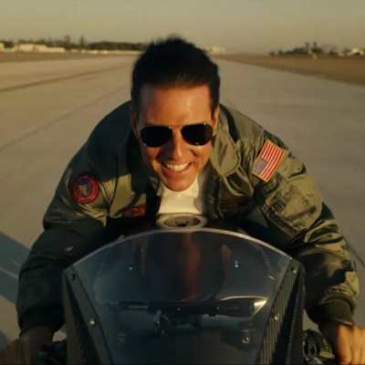 Tom Cruise on motorcycle in Top Gun Maverick