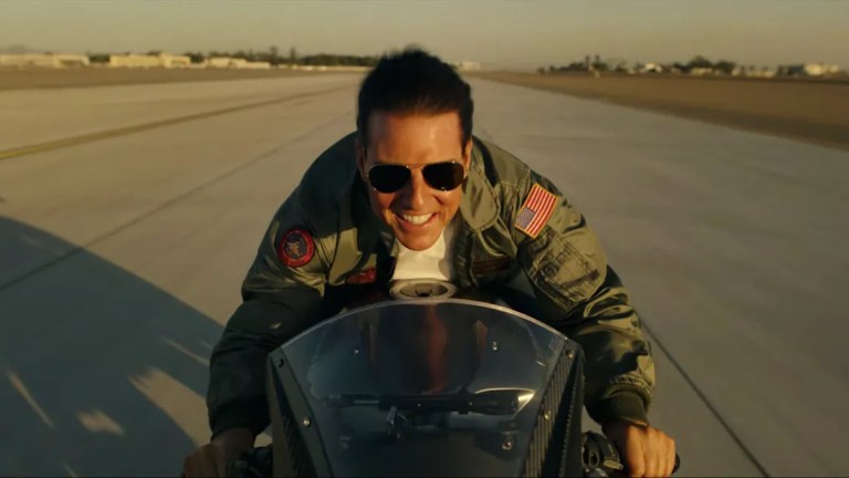 Tom Cruise on motorcycle in Top Gun Maverick