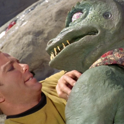 Captain Kirk and a Gorn in Star Trek "Arena"