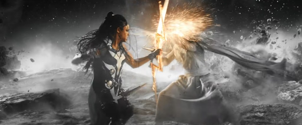 Valkyrie (Tessa Thompson) fights Gorr (Christian Bale) in Thor: Love and Thunder