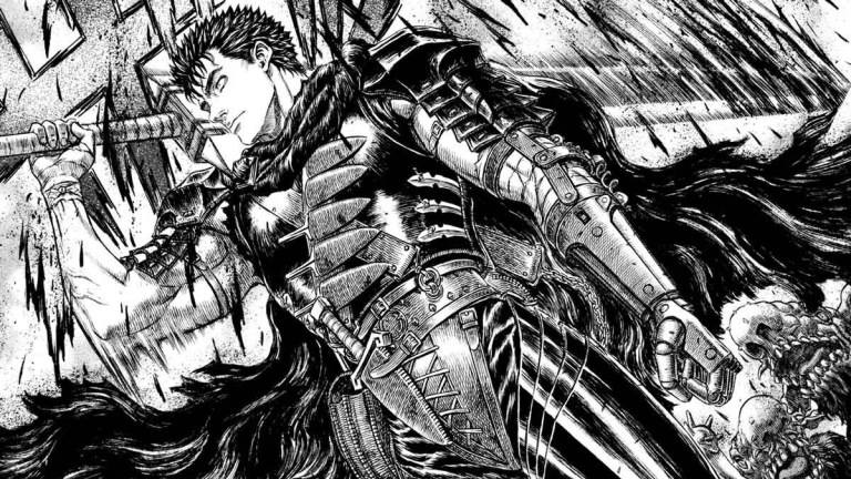 A black and white image of Guts in Berserk