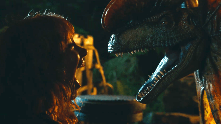 Bryce Dallas Howard and Dilophosaurus in Jurassic World Dominion