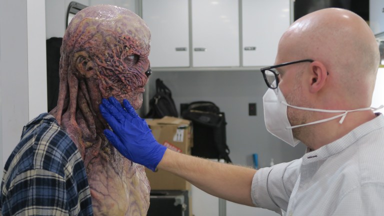 Vecna Makeup Being Applied to Jamie Campbell Bower on Stranger Things season 4