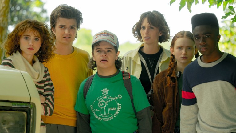 Nancy (Natalia Dyer), Steve (Joe Keery), Dustin (Gaten Matarazzo), Robin (Maya Hawke), Max (Sadie Sink), and Lucas (Caleb McLaughlin) in Stranger Things season 4