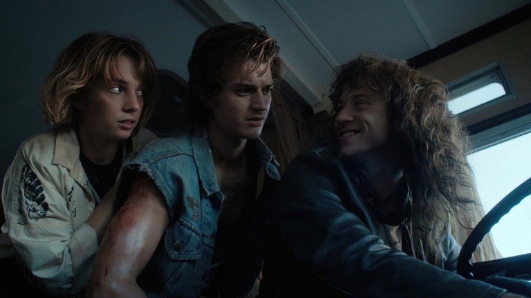 Robin (Maya Hawke), Steve (Joe Keery), and Eddie (Joseph Quinn) in Stranger Things season 4