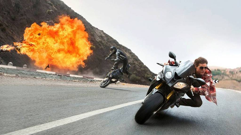 Tom Cruise in motorcycle chase in Mission Impossible Rogue Nation