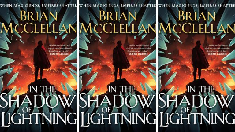 The book cover for Brian McClellan's In the Shadow of Lightning