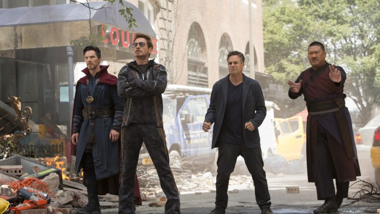 Doctor Strange (Benedict Cumberbatch), Tony Stark (Robert Downey Jr.), Bruce Banner (Mark Ruffalo), and Wong (Benedict Wong) in Avengers: Infinity War