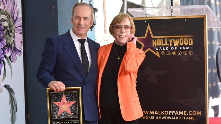 HOLLYWOOD, CALIFORNIA - APRIL 18: Carol Burnett (R) attends as Bob Odenkirk is honored with a star on The Hollywood Walk of Fame on April 18, 2022 in Hollywood, California.