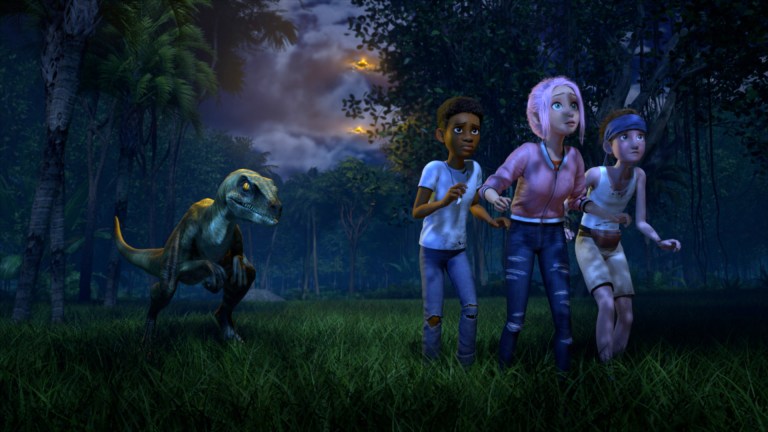 Jurassic World: Camp Cretaceous (L to R) Paul-Mikel Williams as Darius, Jenna Ortega as Brooklynn and Sean Giambrone as Ben in episode 502 of Jurassic World: Camp Cretaceous