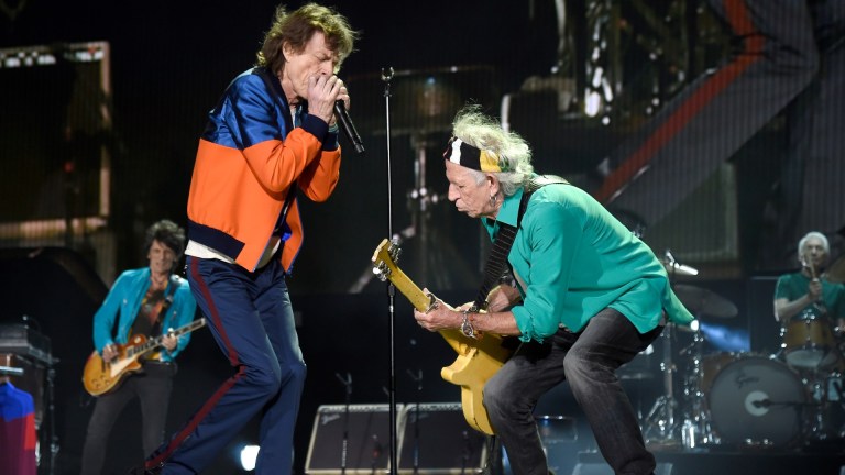 Mick Jagger and Neither Richards of The Rolling Stones onstage.