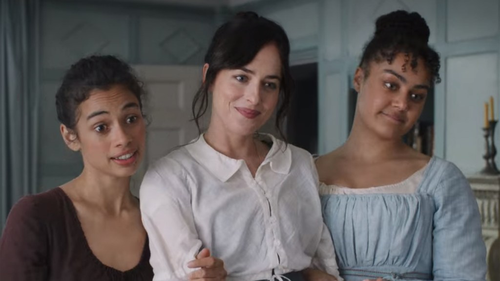 Nia Towle, Dakota Johnson and Izuka Hoyle as Louisa Musgrove, Anne Elliot and Henrietta Musgrove in Persuasion