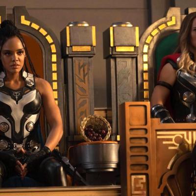 Tessa Thompson and Natalie Portman in Thor Love and Thunder