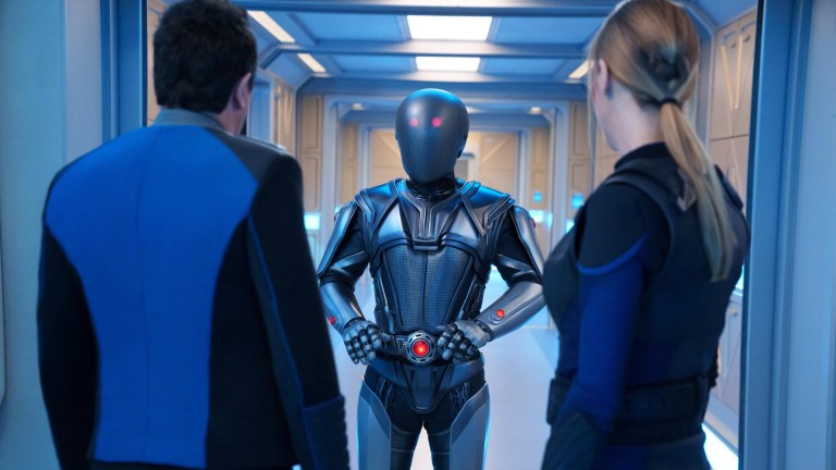 The Orville: New Horizons -- “Domino” - Episode 309 -- The creation of a powerful new weapon puts the Orville crew — and the entire Union — in a political and ethical quandary. Capt. Ed Mercer (Seth MacFarlane), Cmdr. Kelly Grayson (Adrianne Palicki), shown.