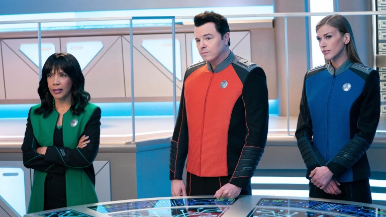 Dr. Claire Finn (Penny Johnson Jerald), Captain Ed Mercer (Seth MacFarlane), and Commander Kelly Grayson (Adrianne Palicki) in The Orville season 3